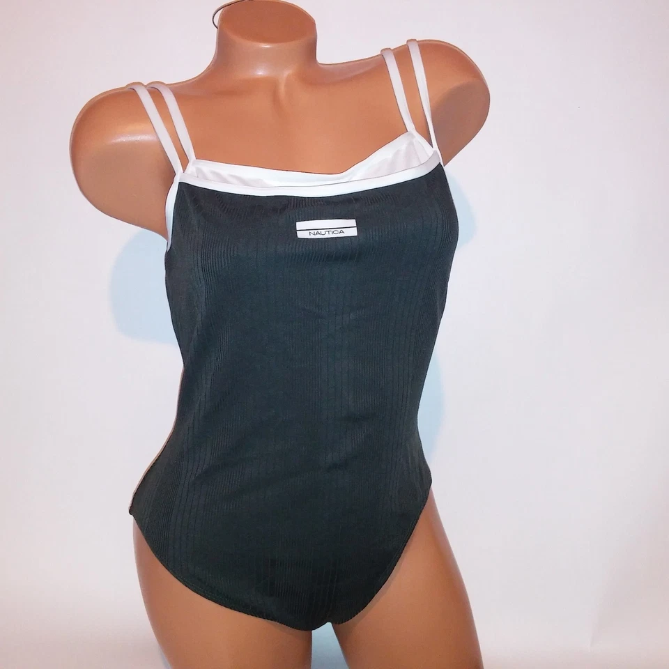 Nautica Swim Set Size 14 One Piece Large Skirt Green White Ribbed Wireless - Image 3 of 4