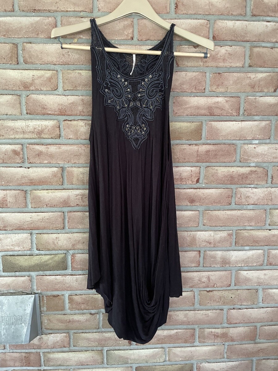 Free People Black Mini Dress XS Women's Casual w/Beads & Embroidery Linen  Blend