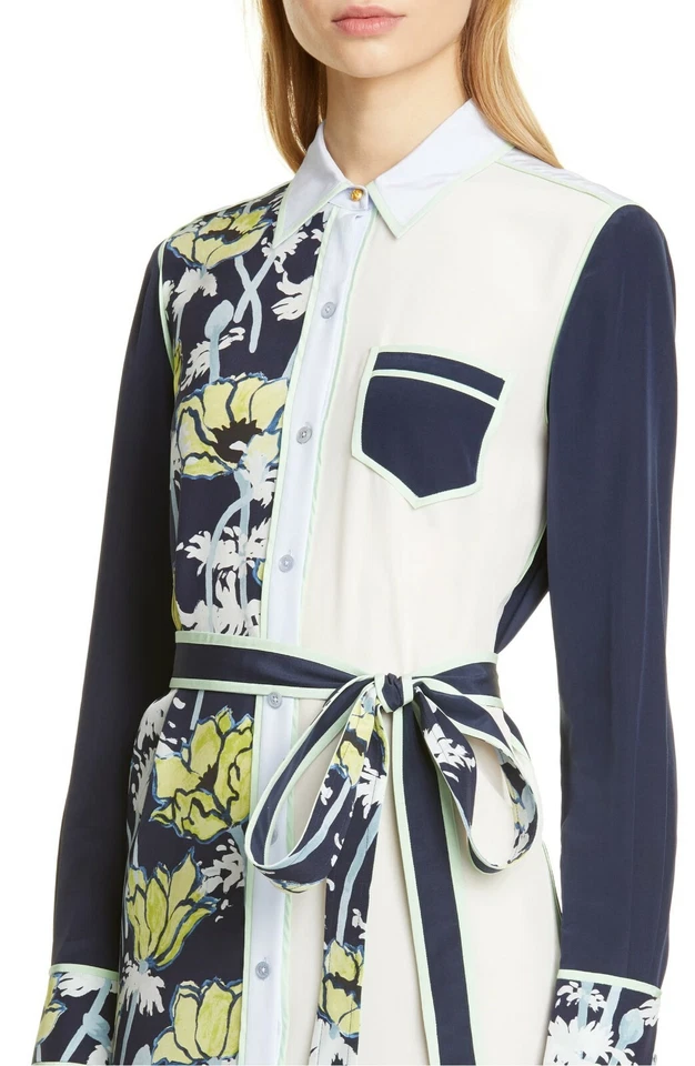 Camisa-Vestido TORY BURCH Azul Marino Estampado Floral Patchwork Cinturón Seda 6 EE. UU. = S 🤍 Foto 4 de 4