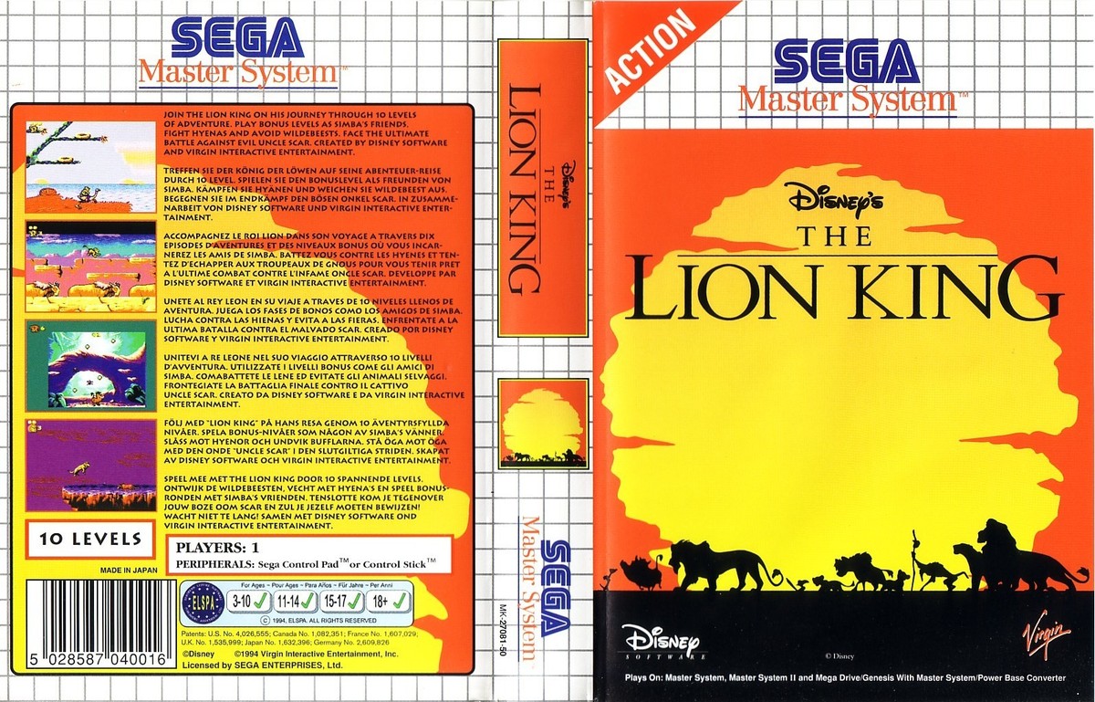 Le Roi Lion Sur Sega Master System - Édition Virgin 1994 - PAL - État Correct