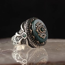 925K Sterling Silver Ring with Green Agate Intricate Vintage Design