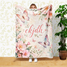 Pink Butterfly Watercolor Flowers Coral Fleece Blanket