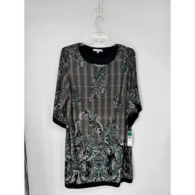 Studio One New York Shift Dress Womens 2X Black Paisley Plaid New NWT 3/4 Sleeve
