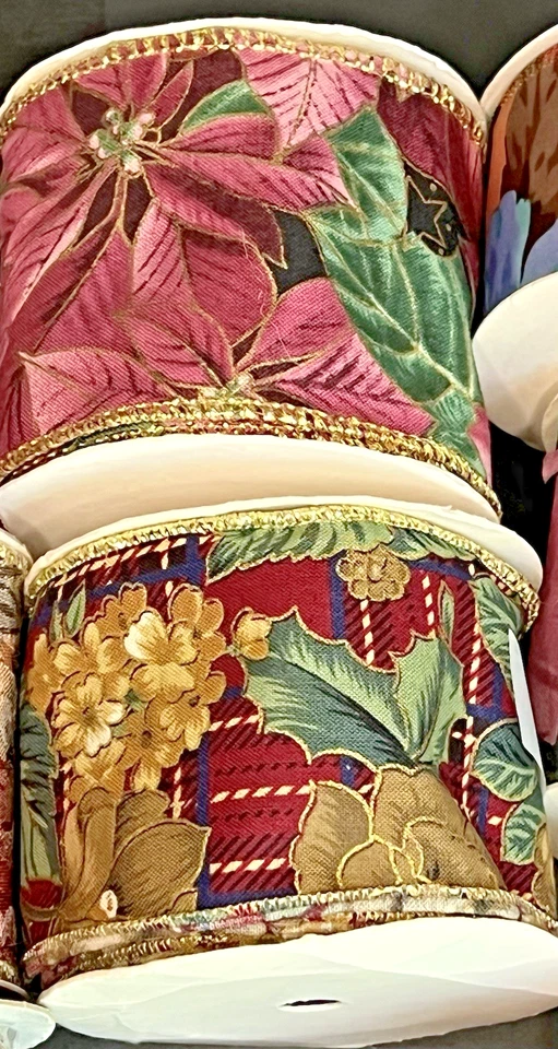 Floral Wired Edged Ribbon 9 Rolls Sheer Rose Bloom Brocade Holiday 2.5 in Wide - Image 3 of 4