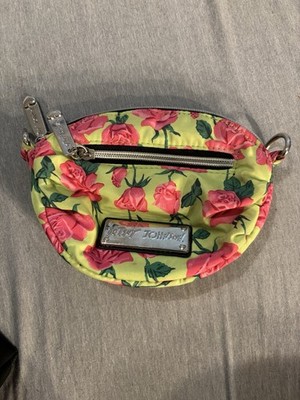 Betsy Johnson Small Fabric Crossbody Bag, Lime Green Pink Roses, NO STRAP