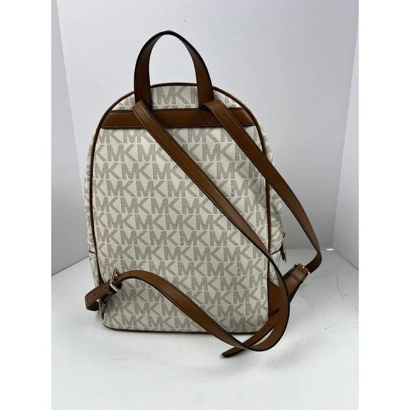 Mochila Michael Kors Logo Signature marrom ouro corrente bolso frontal com jaqueta de poeira - Imagem 2 de 4