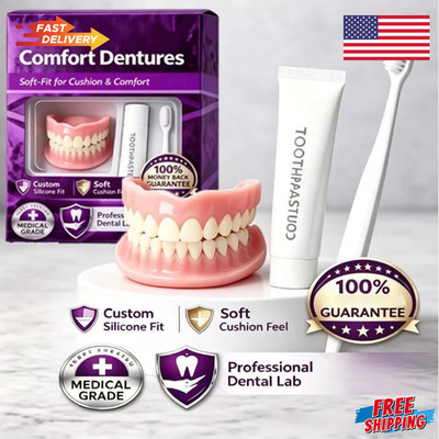 Moldable Silicone Dentures Upper Lower False Teeth Set Instant Smile Toothbrush 