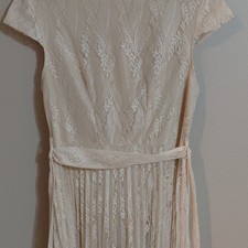 Grefit Beige Leaf Pattern Short Sleeve Pleated A-Line Midi Polyester Dress M