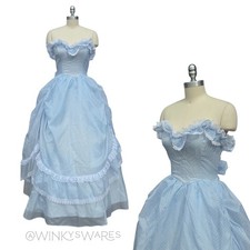 Gunne Sax Vintage Blue Maxi Dress Size S 9 Swiss Dot Strapless Ruffle Prom