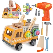  38PCS Kids Wooden with Toy Drill for Toddlers Ages 3 4 5 Truck Tool Set