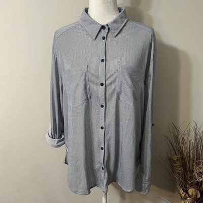 NWT Passport Women Blue & White Striped Roll Tab Button Up Sleeve Top Shirt 2X
