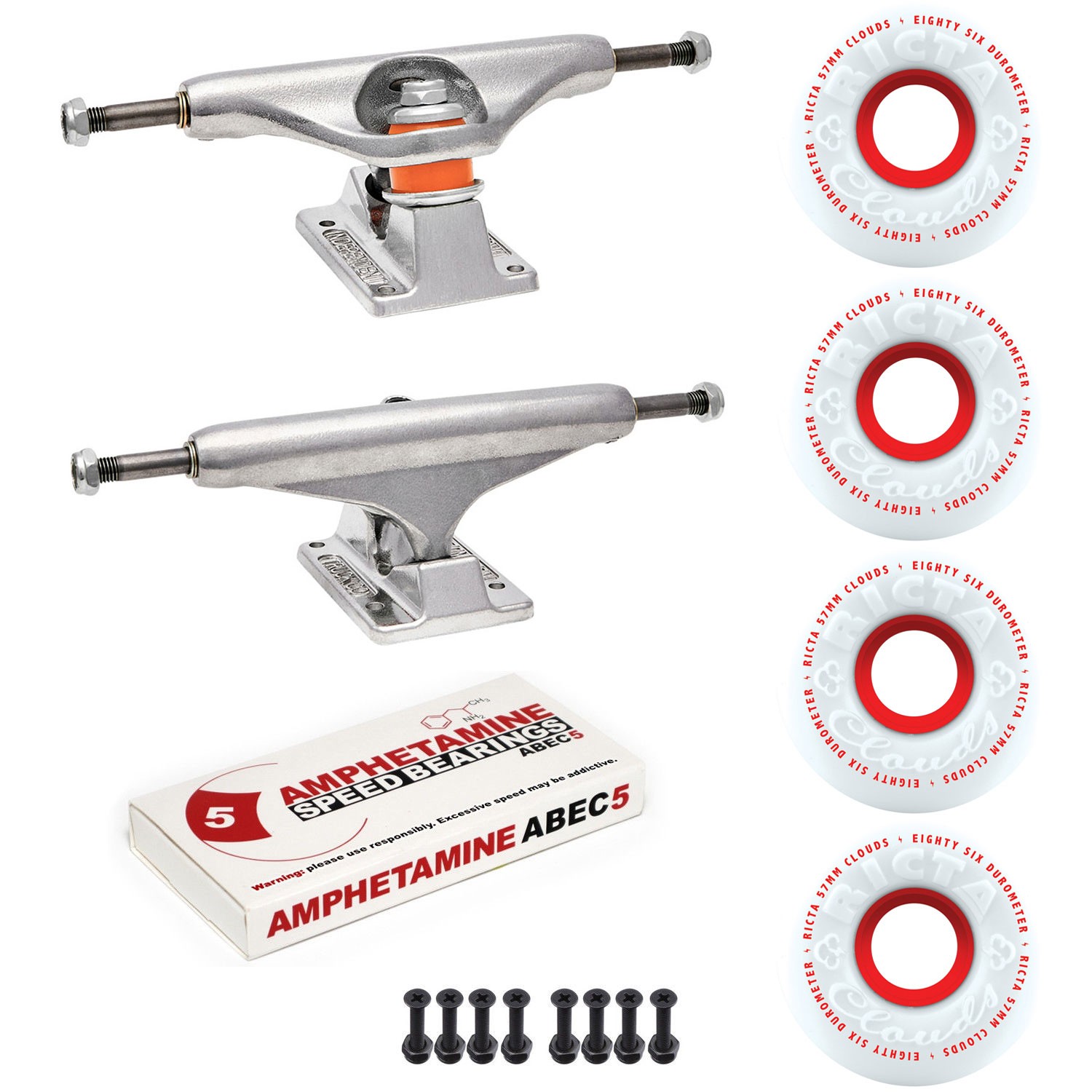 Independent Trucks Ricta SKATEBOARD 86a Clouds Wheels PACKAGE Abec 5 Bearings