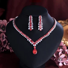 Silver Plated CZ Red Drop Square Tennis Costume Necklace Earrings Jewelry Set