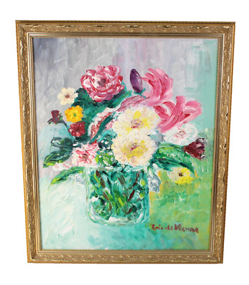Colorful Floral Bouquet Still Life Vintage Oil Painting Signed Eric de Vienne