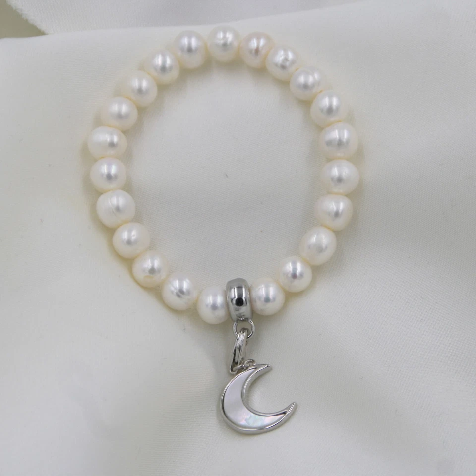Perlen Charm-Armband, echte Süßwasserperlen, 925 Sterlingsilber mit Gummizug - Bild 2 von 4