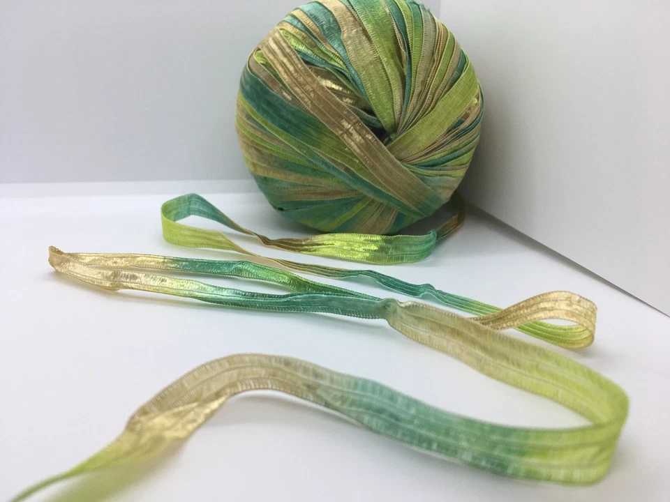 Memento - Berlini Ribbon Yarn #43 Brilliant Herbs - Greens, Tan-Gold 50gr 88yds - Image 3 of 3