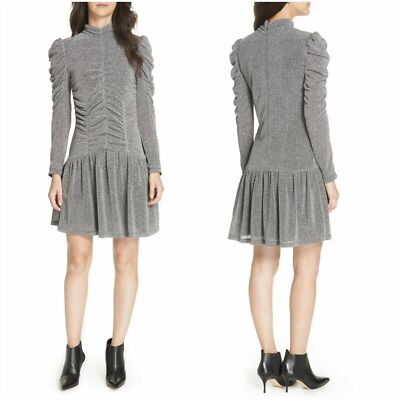 REBECCA TAYLOR Silver Lurex Metallic Ruched Victorian Ruffle Skirt Dress M = 6/8