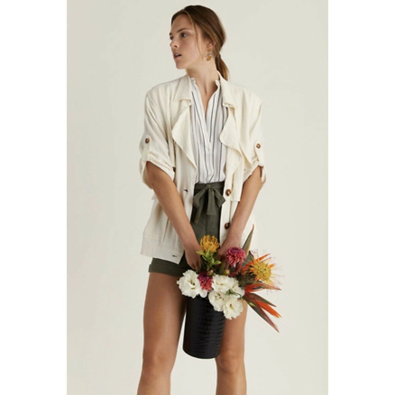 OFF WHITE Cappotto da lavoro oversize Moon River bianco sporco in lino con bottoni taglia large