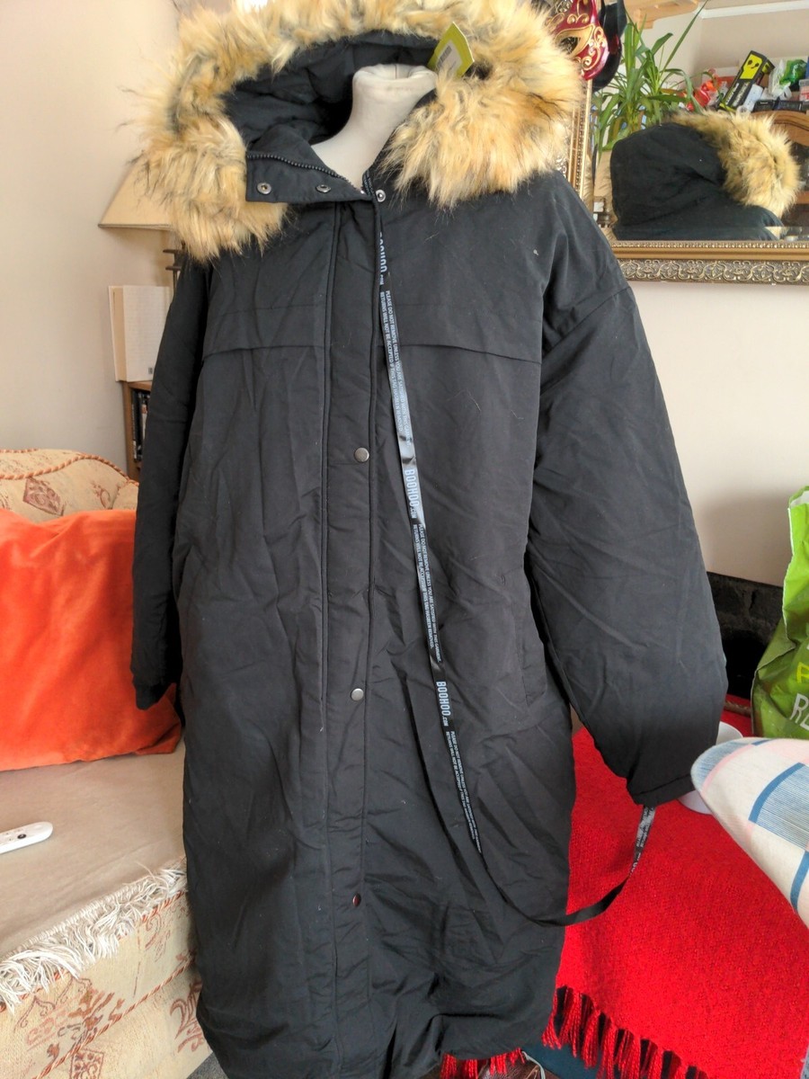 Boohoo Ladies Faux Fur Trim Longline Parka Black Size 16
