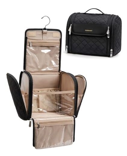 Makeup Bag for Women with Hanging Hook - Portable Cosmetic Case Large Black-image