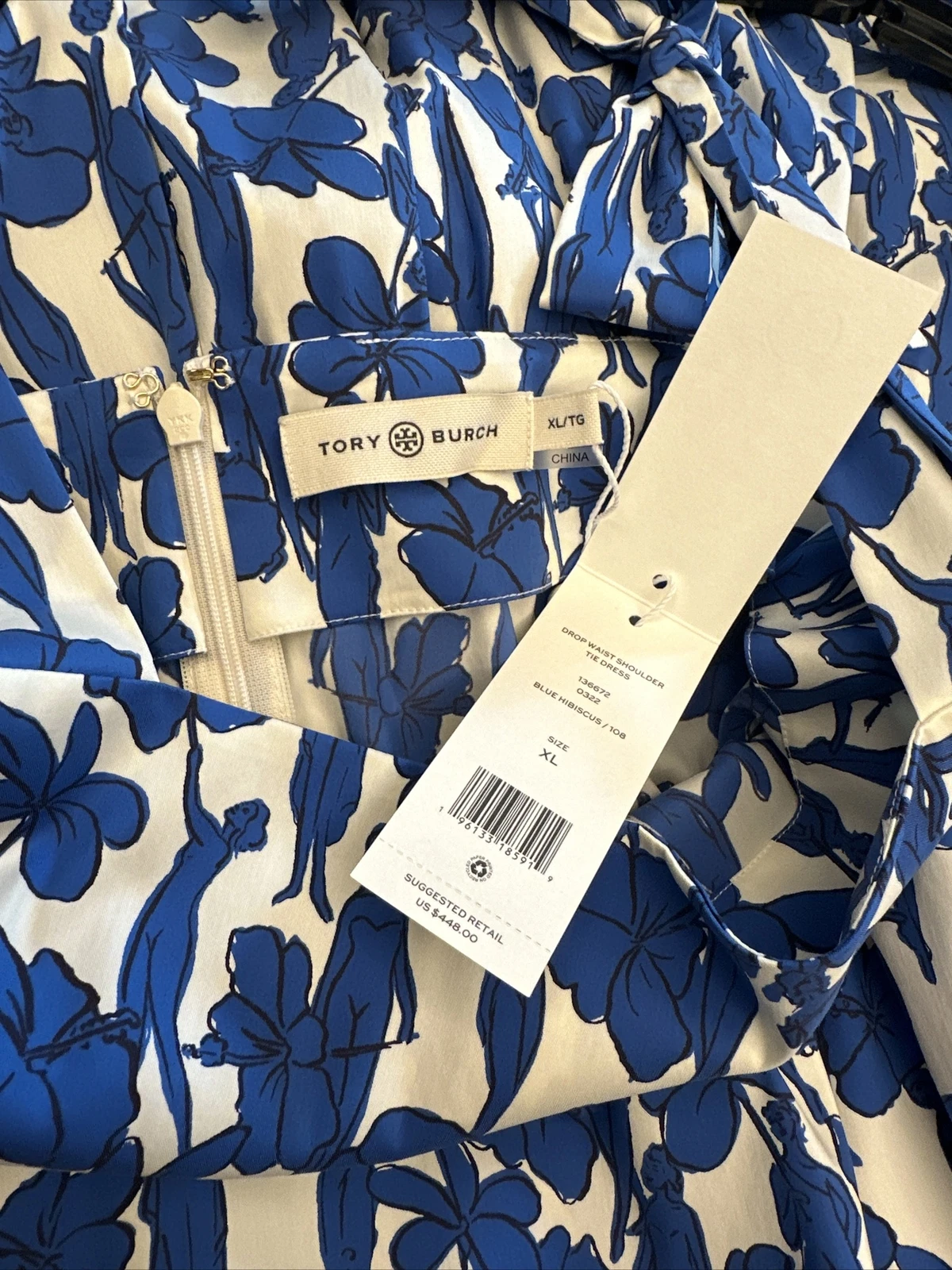 Abito tubino donna Tory Burch X Large blu stampa ibisco nuovo