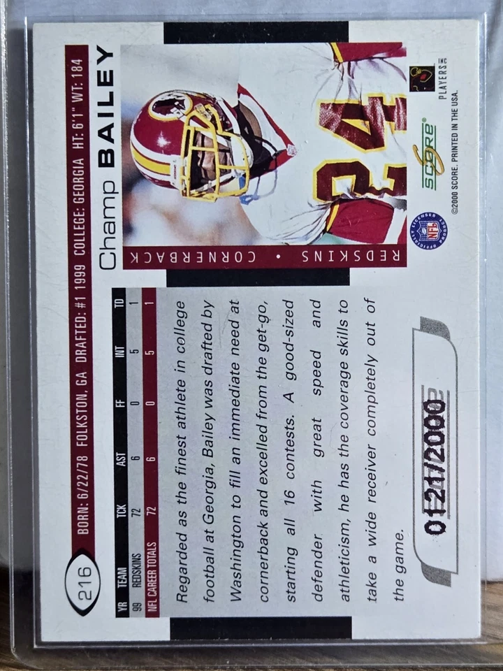 2000 Score - Scorecard #216 Champ Bailey 121/2000 - Image 2 of 2