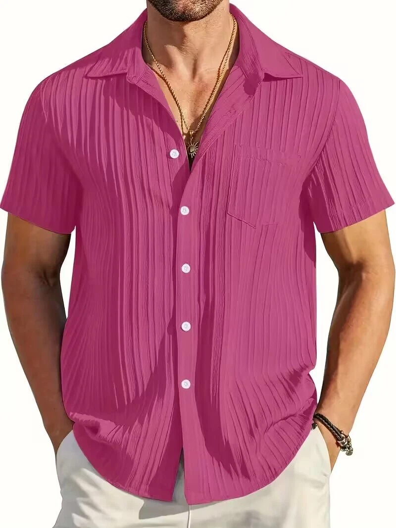 Lapel Button Up Pink Short Sleeve Striped Shirt Chest Pocket  Casual  Shirt - Picture 1 of 3