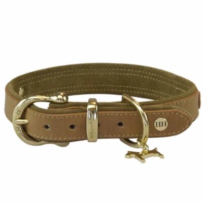 NEW LEATHER DELUXE DOG COLLAR - HAPPY HOUSE CAMEL - M - BRASS & SADDLE LEATHER