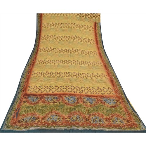 Sanskriti Vintage Sarees Pure Silk/Net Hand Embroidered Kantha Sari Craft Fabric - Picture 8 of 12
