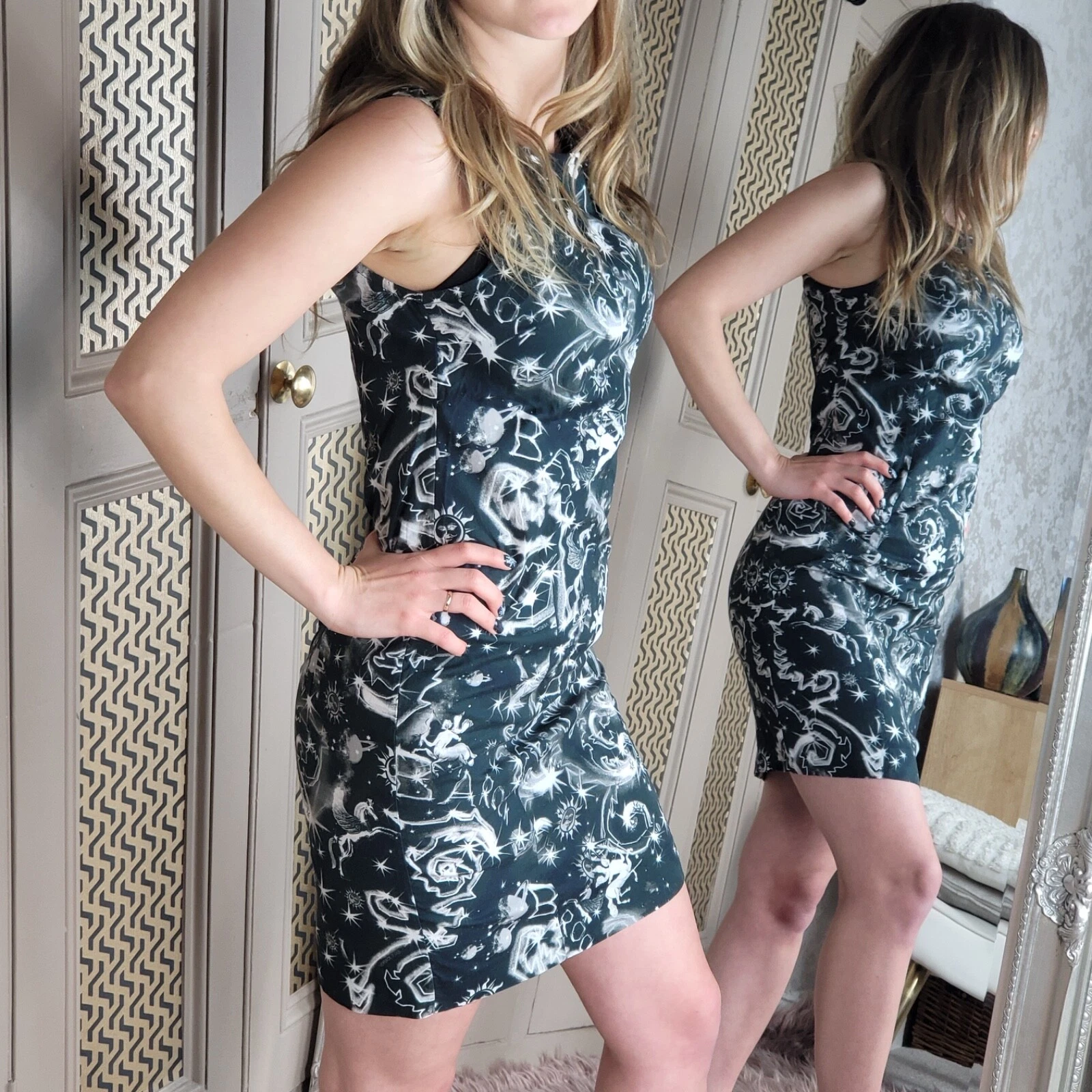 Gianni Versace Jeans Couture abito top senza maniche nero bianco fantasia bodycon S