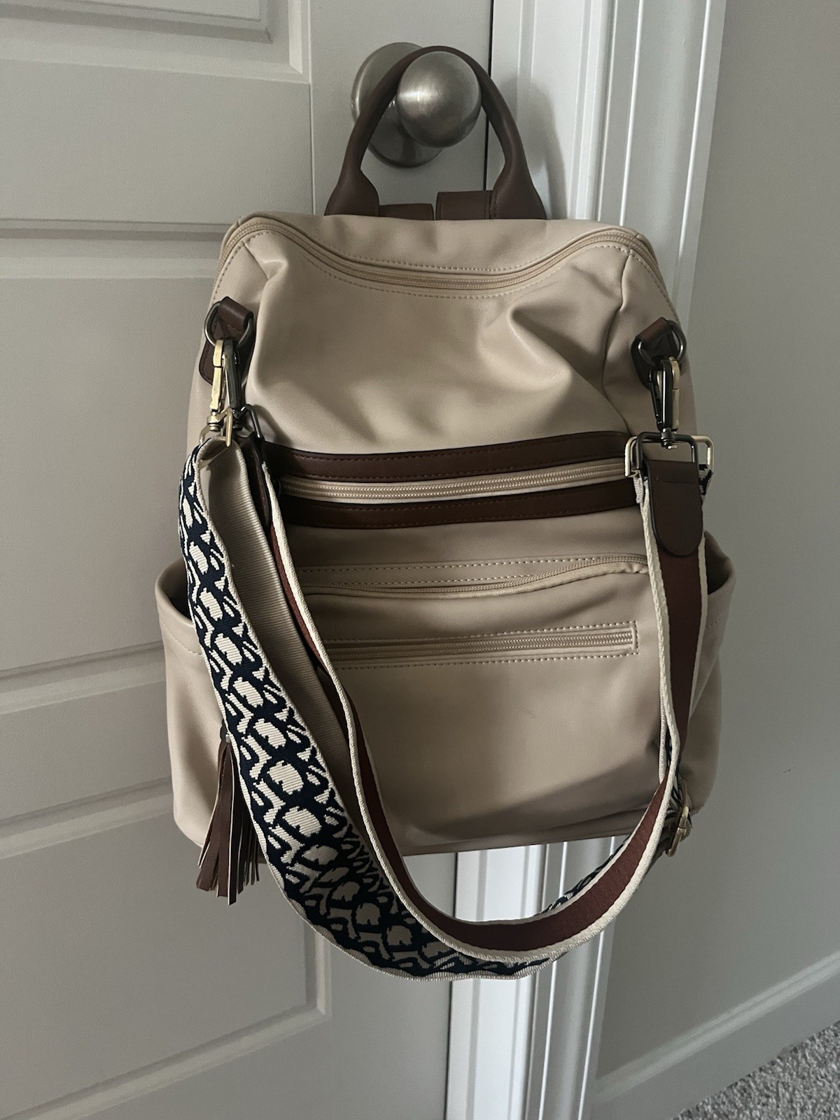 Beige Brown Backpack Purse Patterned Detachable S… - image 1