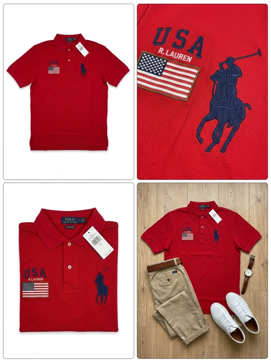 Ralph Lauren Mens Big Pony Navy Red USA America Flag Patch Polo