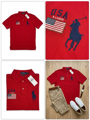 Ralph Lauren Mens Big Pony Navy Red USA America Flag Patch Polo
