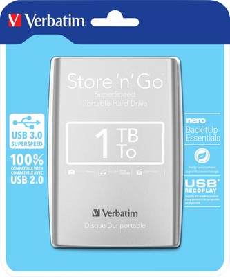 Verbatim Store 'n' Go 1TB Externe Festplatte USB 3.0 2,5'' silber tragbar