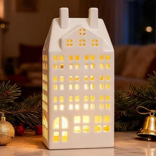 DN DECONATION Light Up Christmas Decor Village Sets, White Ceramic House with Li