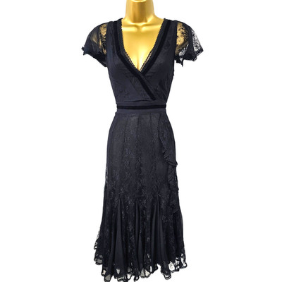 Karen Millen 10 UK Vintage schwarz Spitze Seide Gothic Flare Cocktail Midikleid