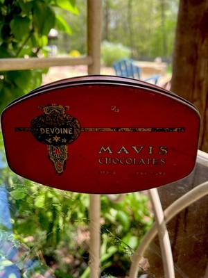 Antique Devoine Mavis Chocolates Tin Red Paris New York Advertising Box