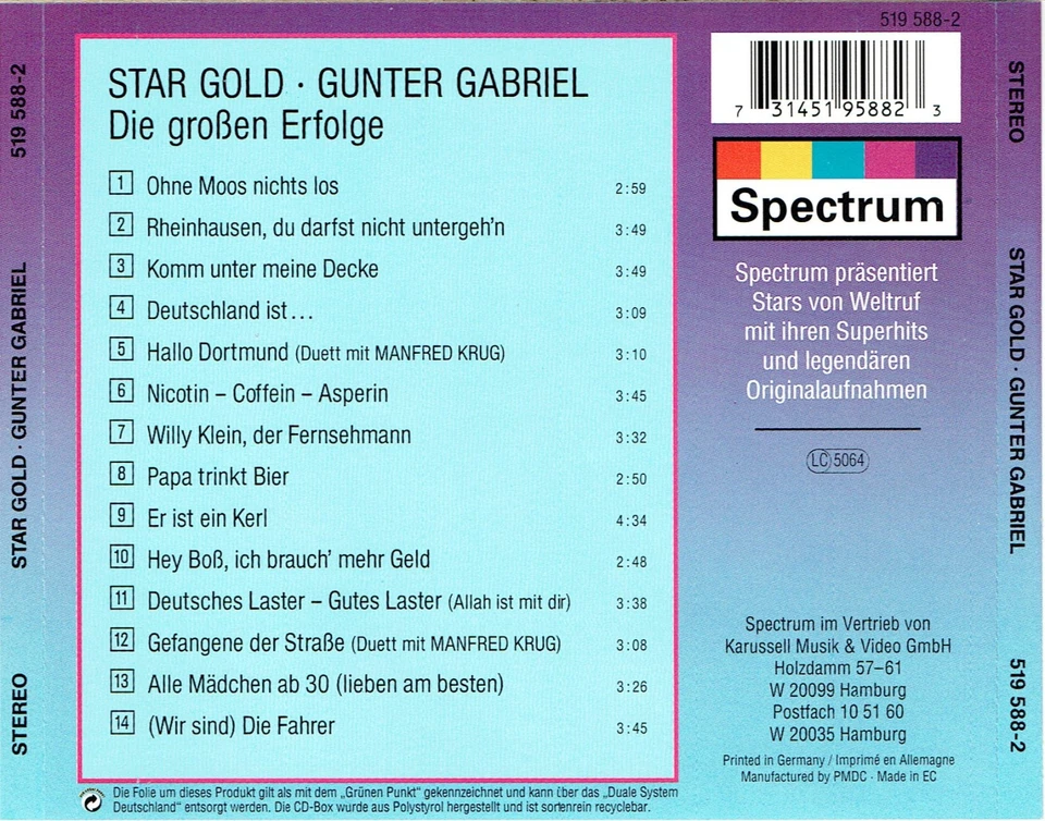 (CD) Gunter Gabriel – Die grossen Erfolge - Star Gold - Komm' Unter Meine Decke - Bild 2 von 2