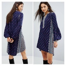NWT Raga Womens Blue Printed Polyester V-Neck The Megan Tunic Dress Size M