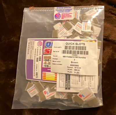 Quick Slots Pull Tab Game Tickets & Stubs Lot, 480 Folded Bundles, Sealed 6 Bags