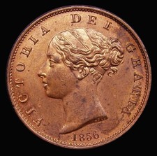 Halfpenny 1856 Victoria, UNC with around 75% red lustre
