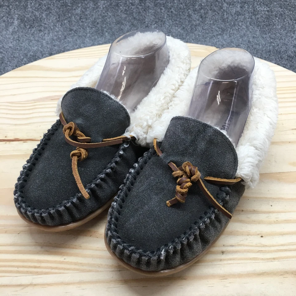 Zapatillas Minnetonka Mujer 9 M Campamento Corbata Mocasines Gris Cuero Sin usar, en caja Piel Sintética Foto 3 de 4