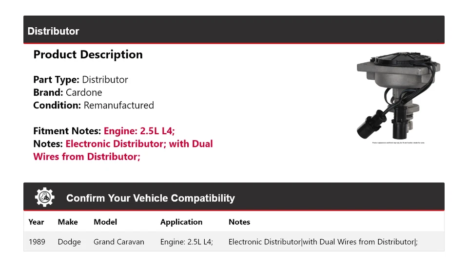 Dodge Grand Caravan 1989 2,5 L L4 distribuidor Cardone Foto 2 de 4