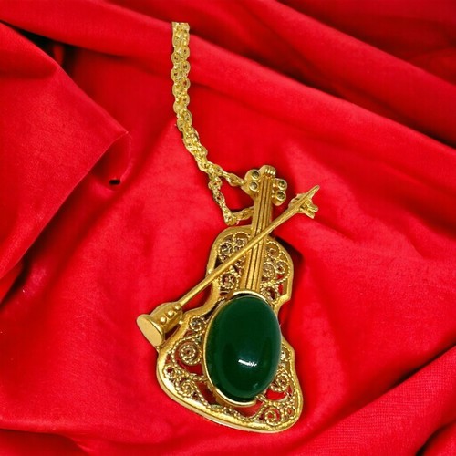 New Hetian Jade Gold Plated Fine Silver Violin Pendant. B461 - Picture 2 of 6