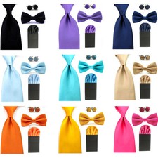 Men's Solid Bow Tie 8CM Necktie With Handkerchief Cufflinks Set SET53