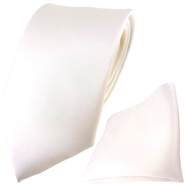 Tigertie Satin Seidenkrawatte + Seideneinstecktuch In Creme Weiss Einfarbig Uni-image