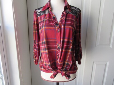 Size: XL Juniors BONGO Red Plaid Top Button-Up Front Tie Lace Back 