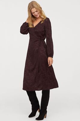 Casual Winter Dress Outfits H&M Dress Womens Size Midi Plum Wine Jacquard  Weave V-neck Wrap