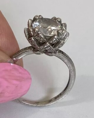 Vintage Unikat sehr glänzender großer CZ Blumen Ring 925 massiv Sterlingsilber Gr. 7,75