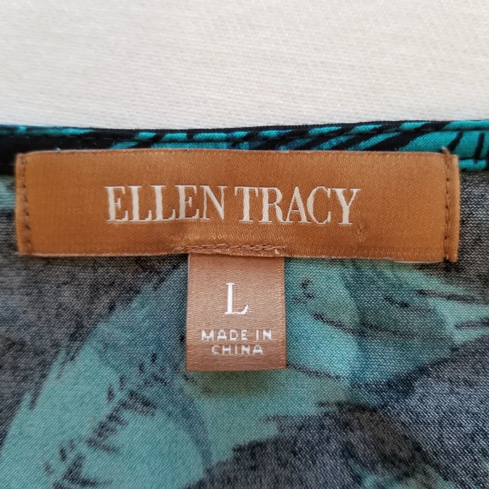 Top de mujer Ellen Tracy grande L negro verde azul plumas manga corta cuello capucha Foto 4 de 4